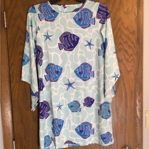 Long Sleeve Tropical Fish Print Dress in Aqua and Blue Small Casual